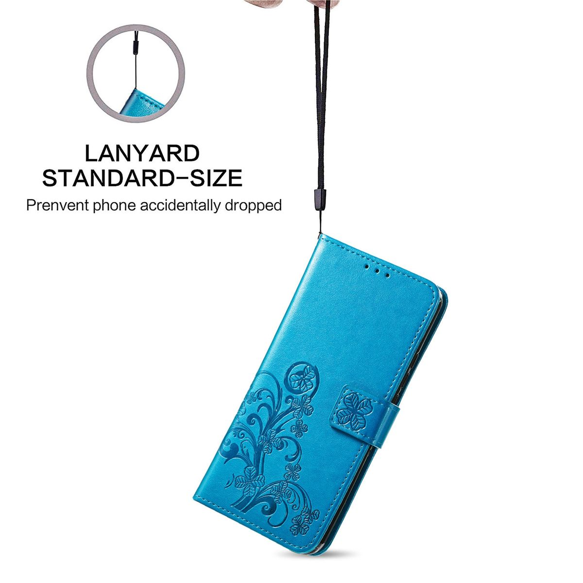 Blaue Handyhülle mit Schlüsselband. Die Hülle ist mit einem Blumenmuster verziert.