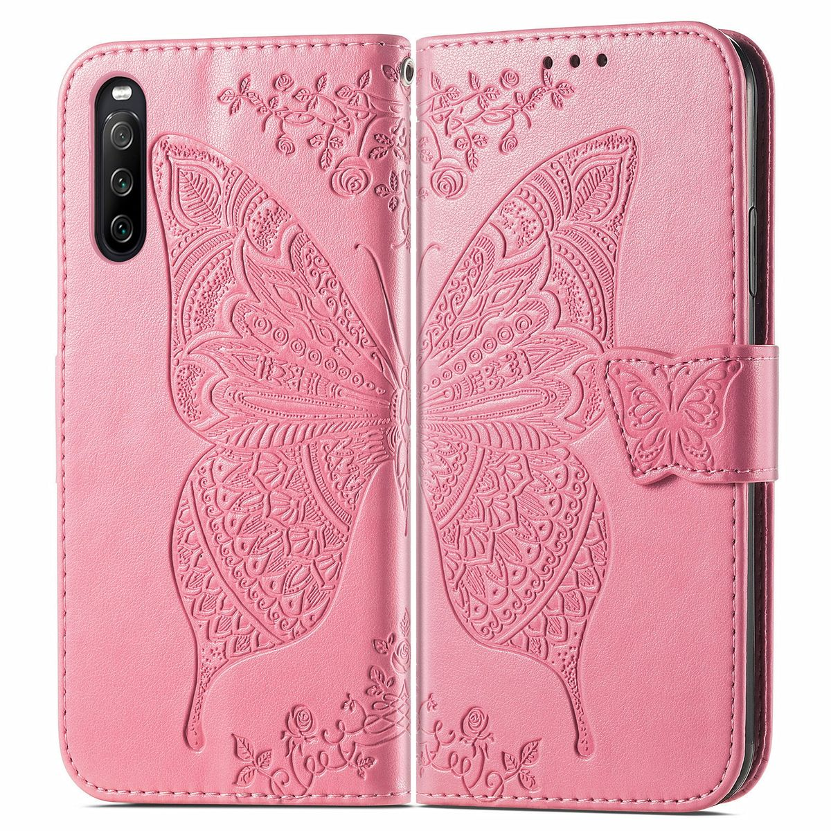 Rosa Handyhülle, offen, mit einem großen Schmetterlingsdesign. Der Schmetterling ist rosa mit komplizierten Mustern.