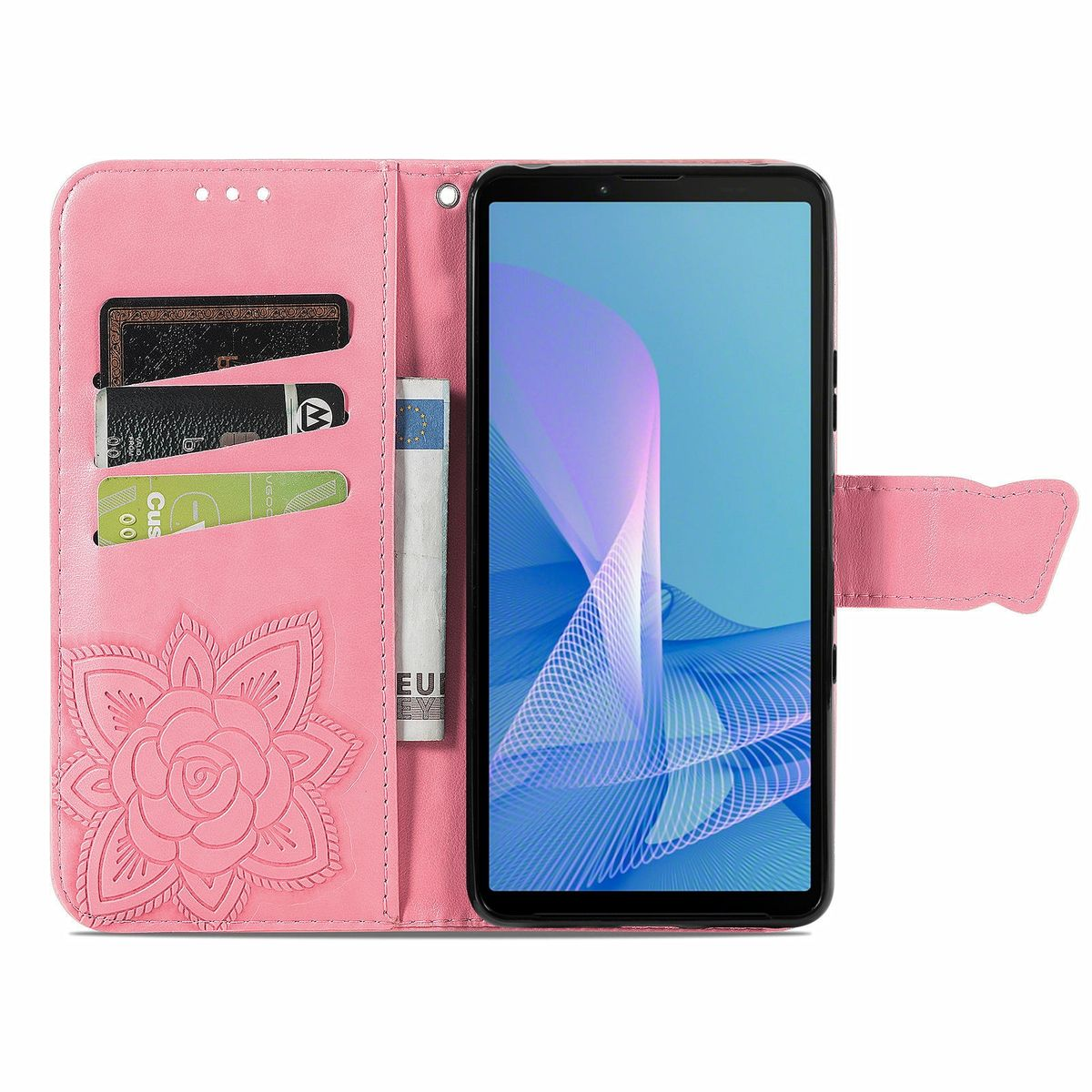 Pinke Handyhülle mit Kartenfächern und Blumendesign. Telefon innen. Offen, zeigt die Innendetails und das Telefon.