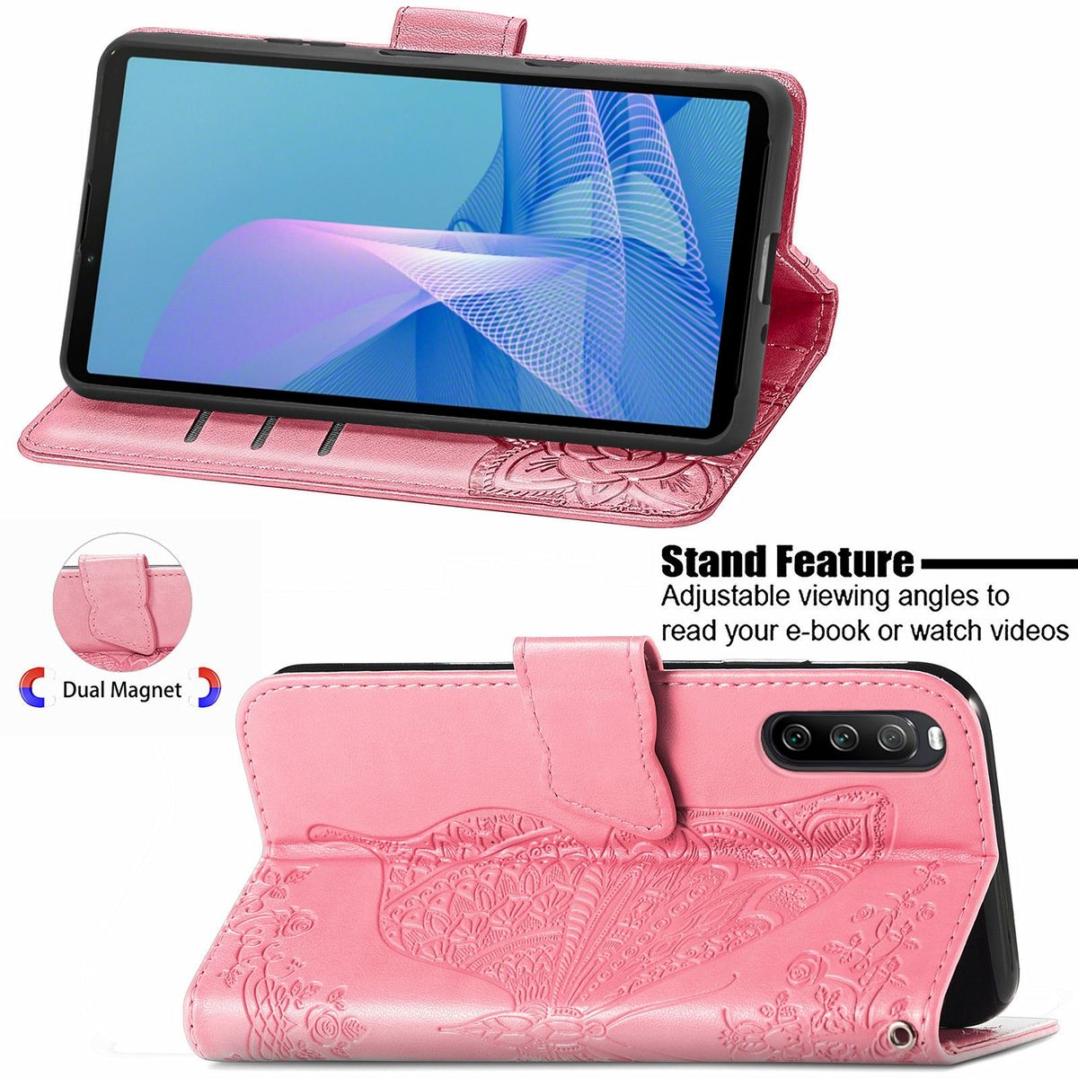 Offene rosa Handyhülle mit Telefon. Text zur Standfunktion sichtbar.