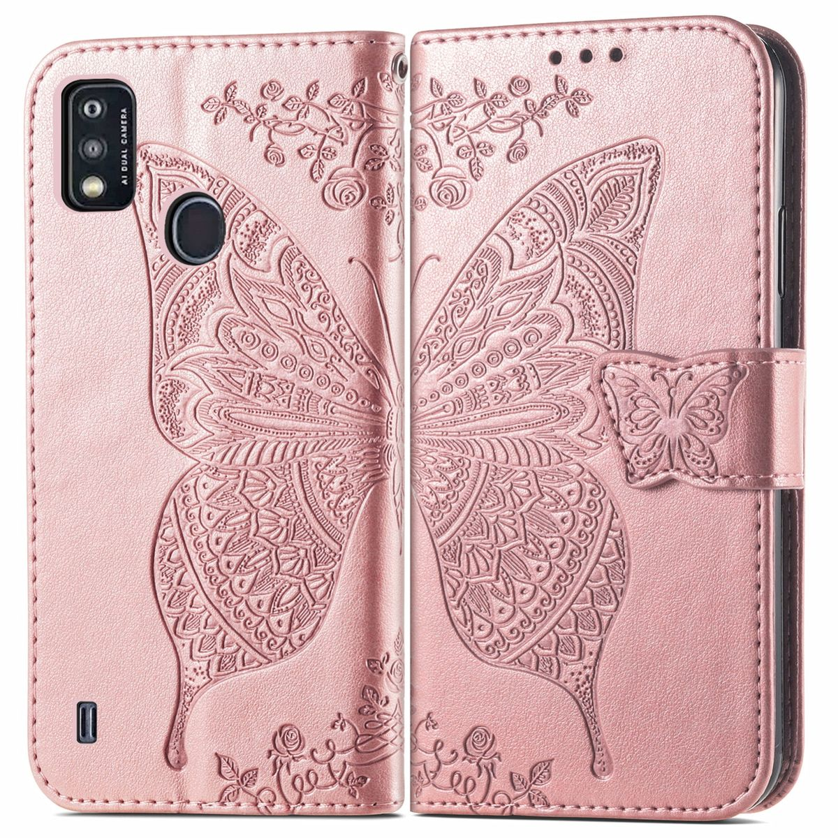 Rosa Handyhülle mit Schmetterlingsdesign, offen. Im Inneren ist ein Telefon sichtbar.