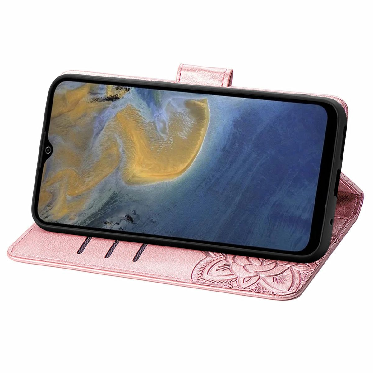 Rosa Handyhülle mit Telefon. Die Hülle hat ein Blumendesign und einen Magnetverschluss.