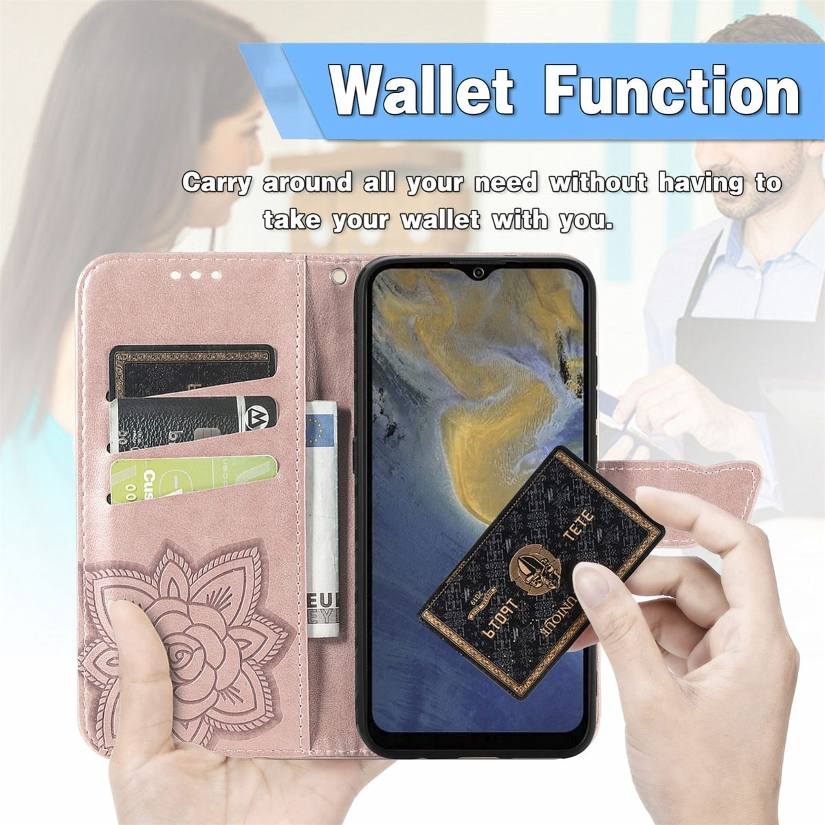 Eine pinke Handyhülle mit Karten und Telefon, Wallet-Funktion.