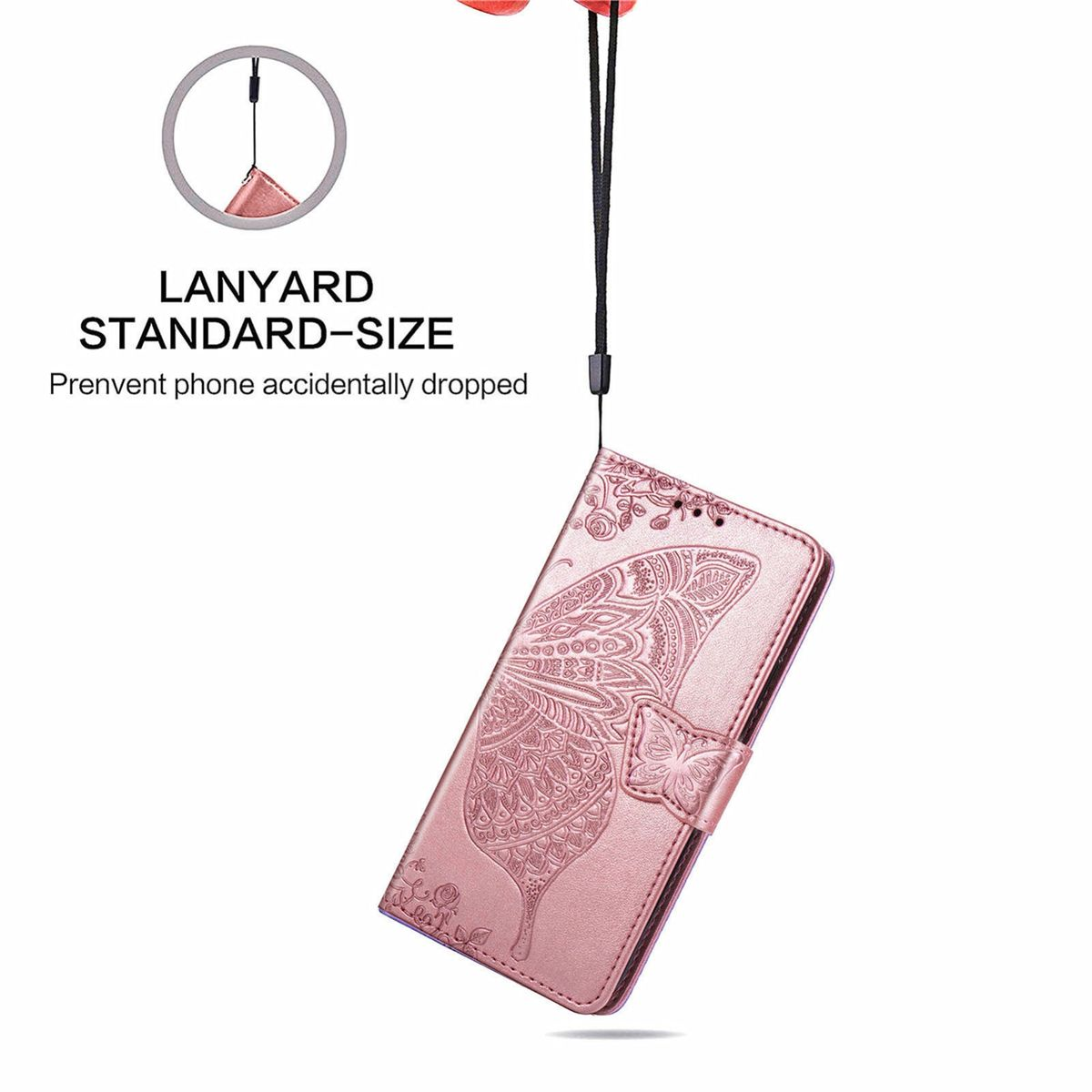 Rosa Handyhülle mit Schmetterlingsdesign und einem Schlüsselband. Text: Verhindern, dass das Telefon versehentlich fallen gelassen wird.