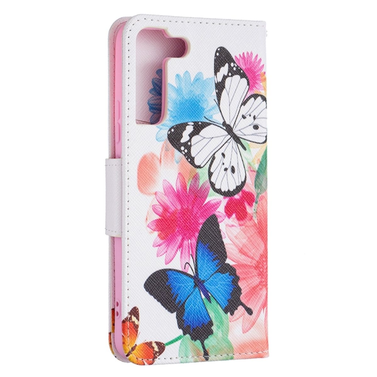 Weiße Handyhülle mit floralem Design aus bunten Blumen und Schmetterlingen. Die Innenseite ist rosa.