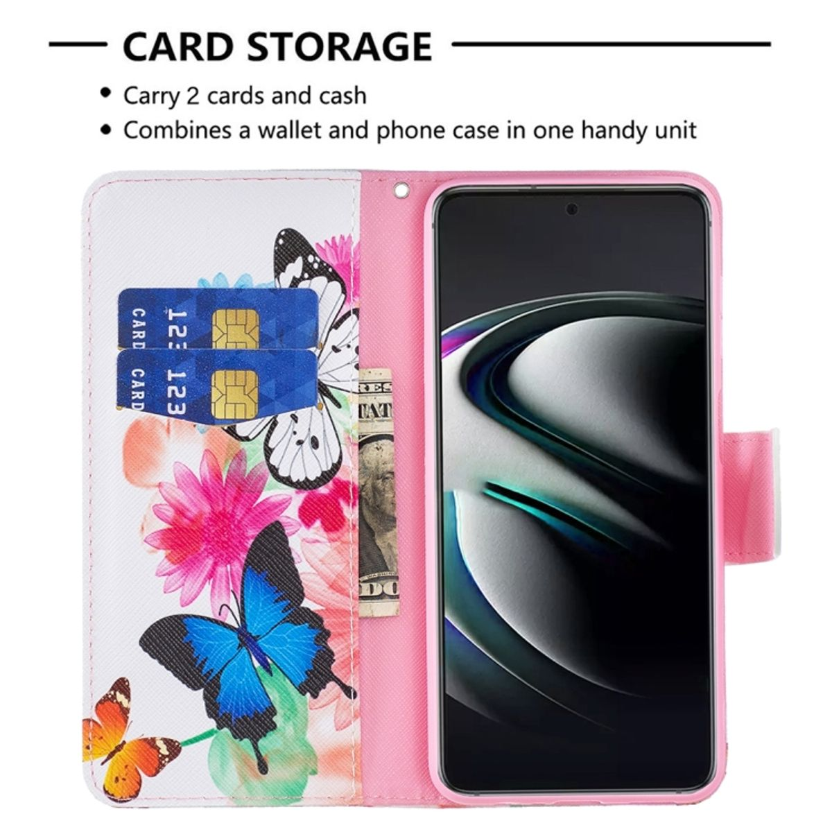 Rosa Handyhülle, offen. Die Hülle zeigt ein Telefon, zwei Kartenfächer, Geld und ein Blumendesign.