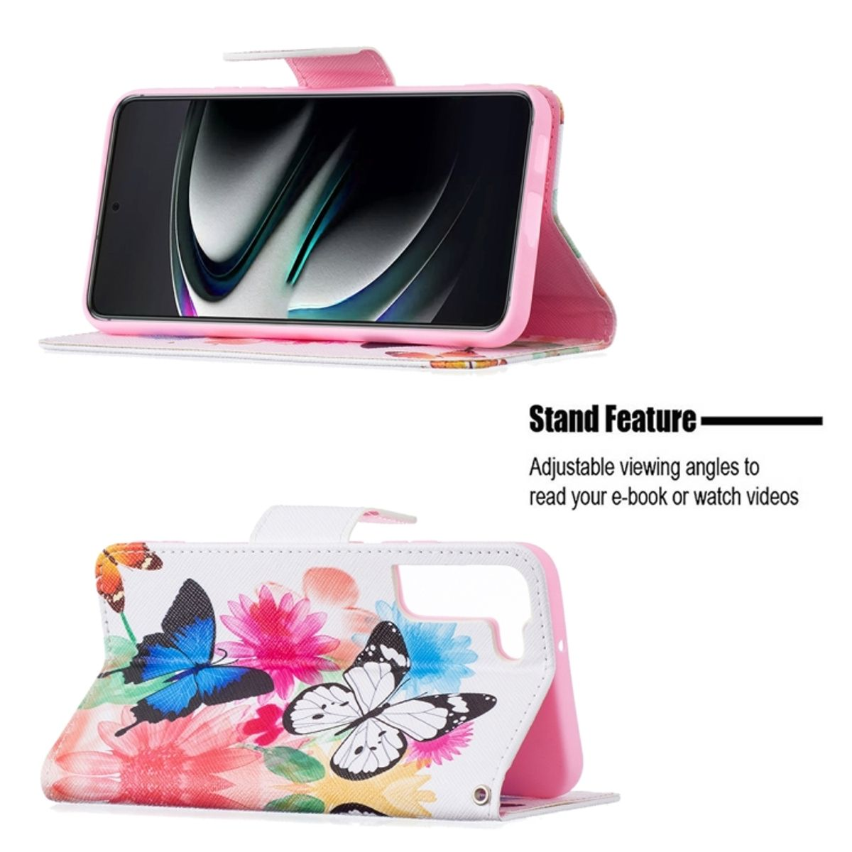 Offene Handyhülle mit Telefon und bunten Schmetterlingen. Ständerfunktion. Weißer Hintergrund mit rosa Hülle.
