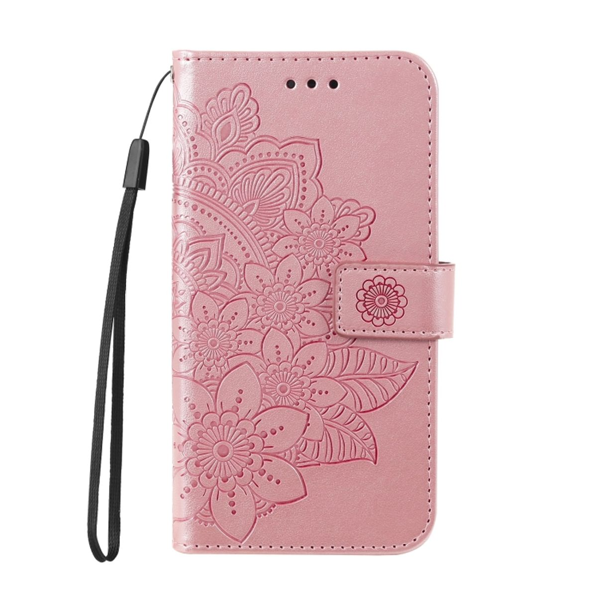 Rosa Handyhülle mit floralem Design, Riemen und Blumenverschluss.