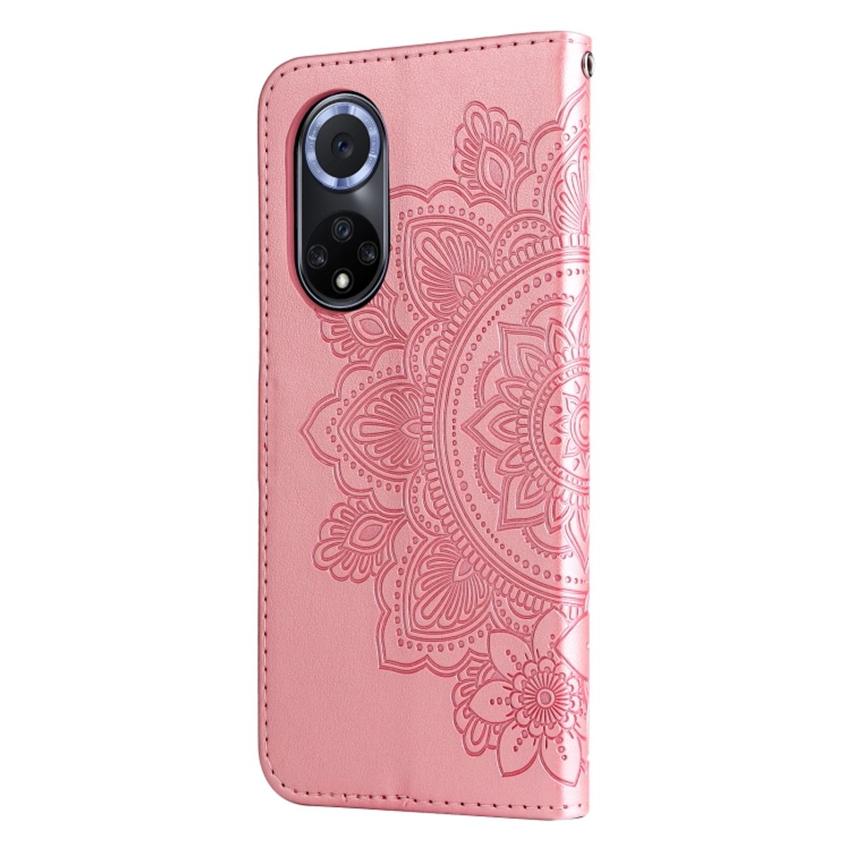 Rosa Handyhülle mit Mandala-Design, offen. Telefonkamera sichtbar. Die Hülle befindet sich auf weißem Hintergrund.