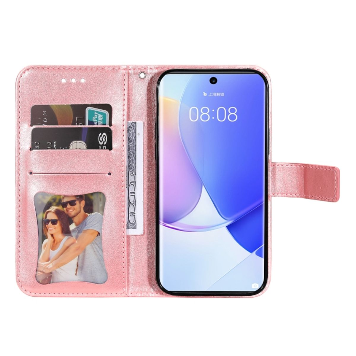 Geöffnete rosa Handyhülle, zeigt Karten, ein Foto und das Telefon.