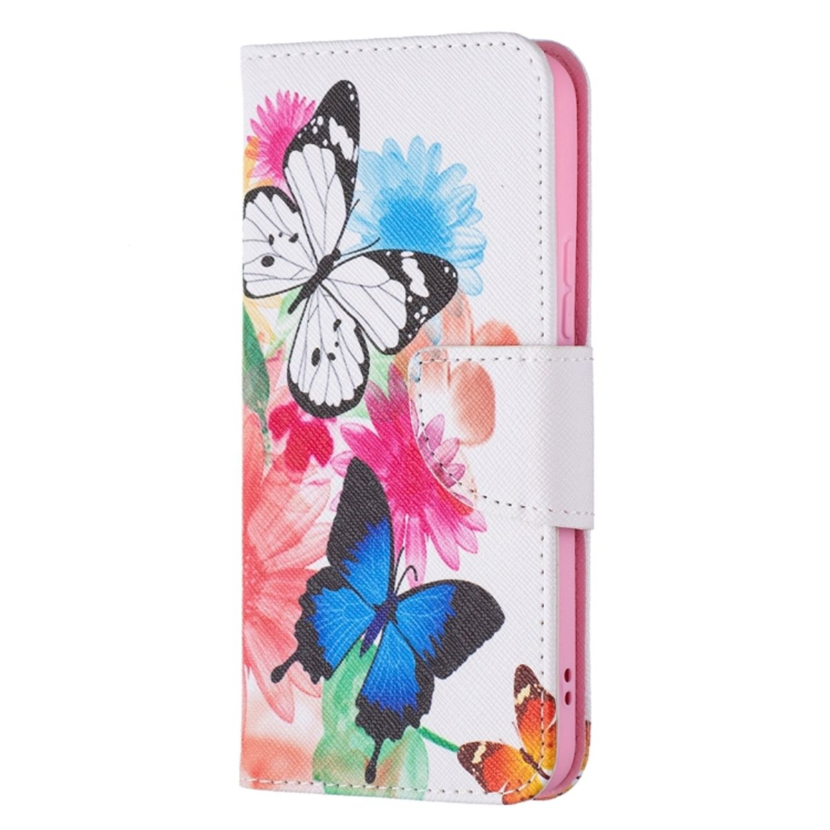 Weiße Handyhülle mit Blumen- und Schmetterlingsdesign. Die Hülle ist offen.