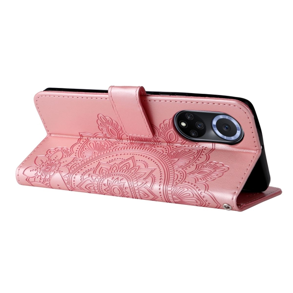 Rosa Handyhülle offen, mit geprägtem Blumendesign. Das Telefon ist schwarz.