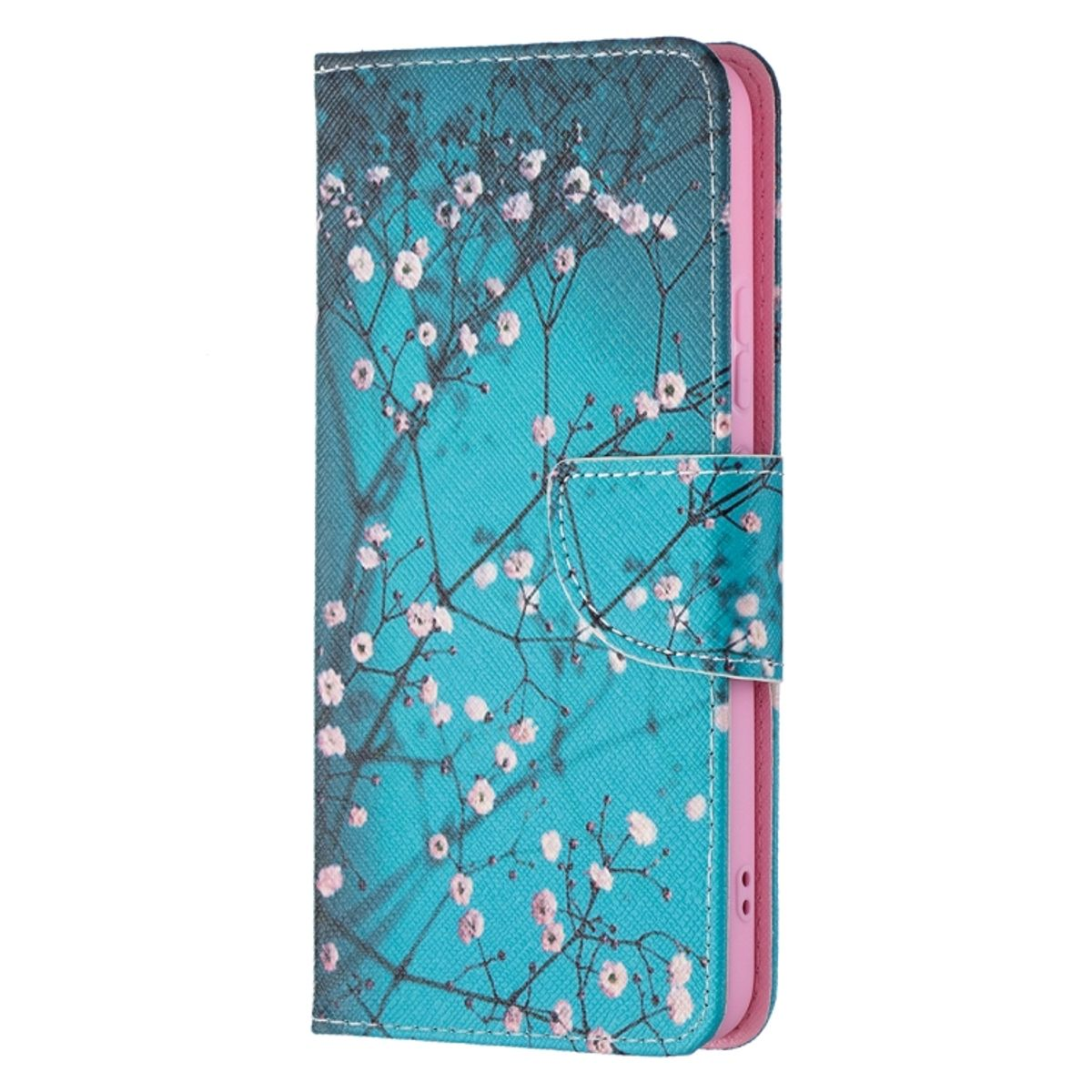 Türkis Handyhülle mit weißen Blumen. Die Hülle ist offen. Rosa Innenraum. Blumendesign.