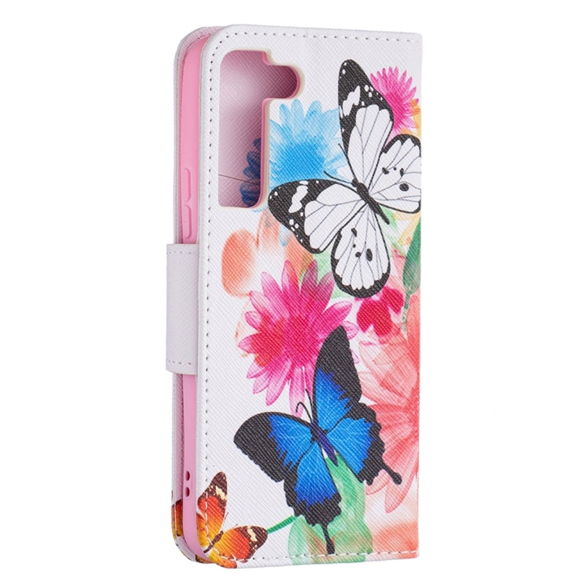 Weiße Handyhülle mit Schmetterlings- und Blumendesign. Es ist eine Hülle im Brieftaschenstil.