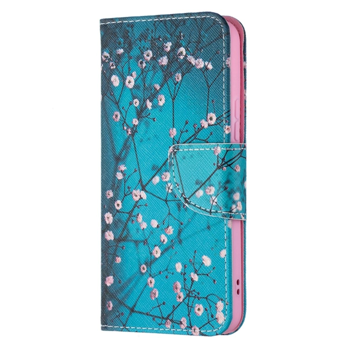 Türkisfarbene Handyhülle mit rosa Innenseite. Mit floralem Design mit kleinen weißen Blumen und Zweigen.