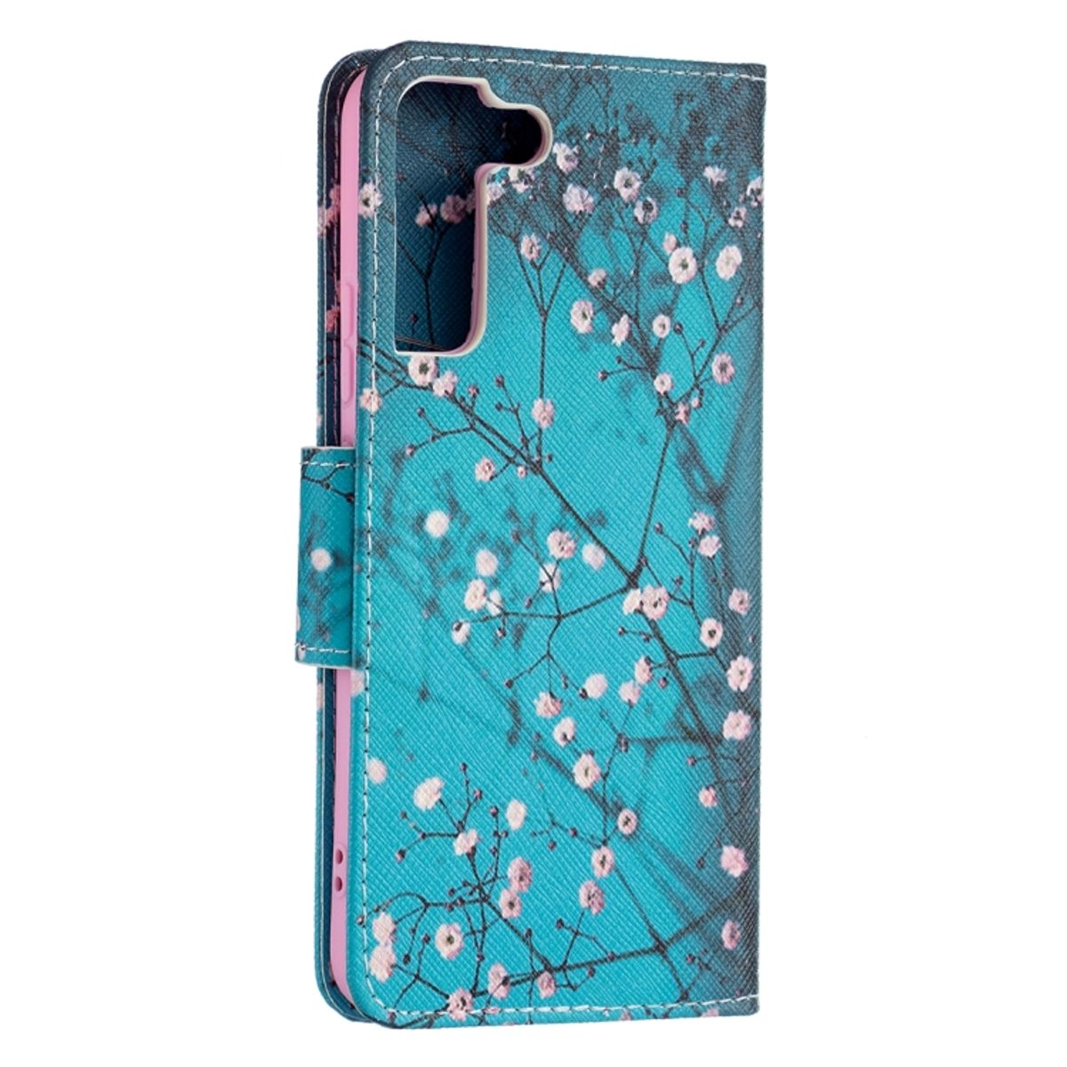 Eine türkisblaue Handyhülle mit floralem Design. Die Hülle ist geöffnet und zeigt das Telefon und das Innere.