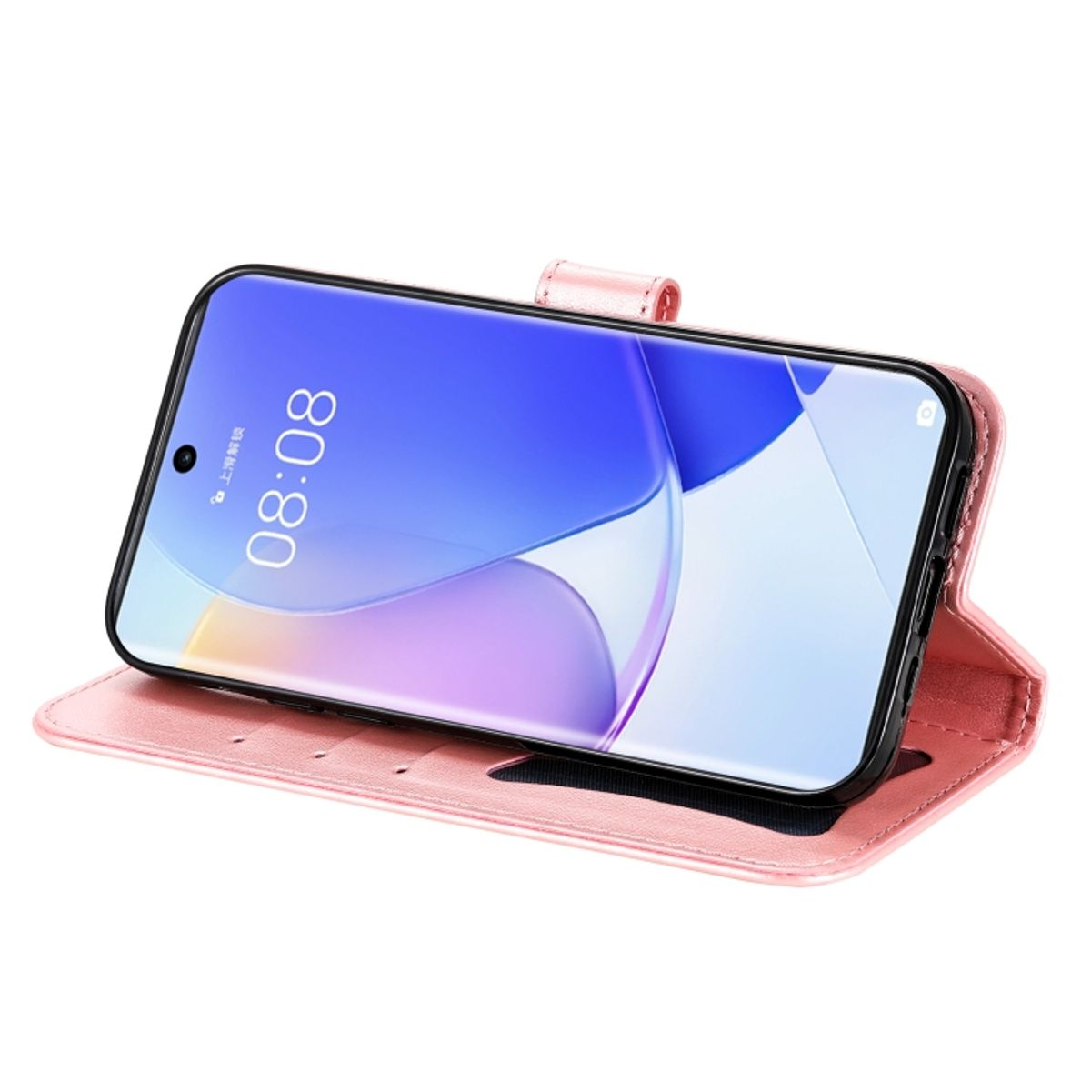 Rosafarbene Handyhülle geöffnet, zeigt ein Telefon. Der Bildschirm zeigt die Uhrzeit. Die Hülle hat einen Verschluss.