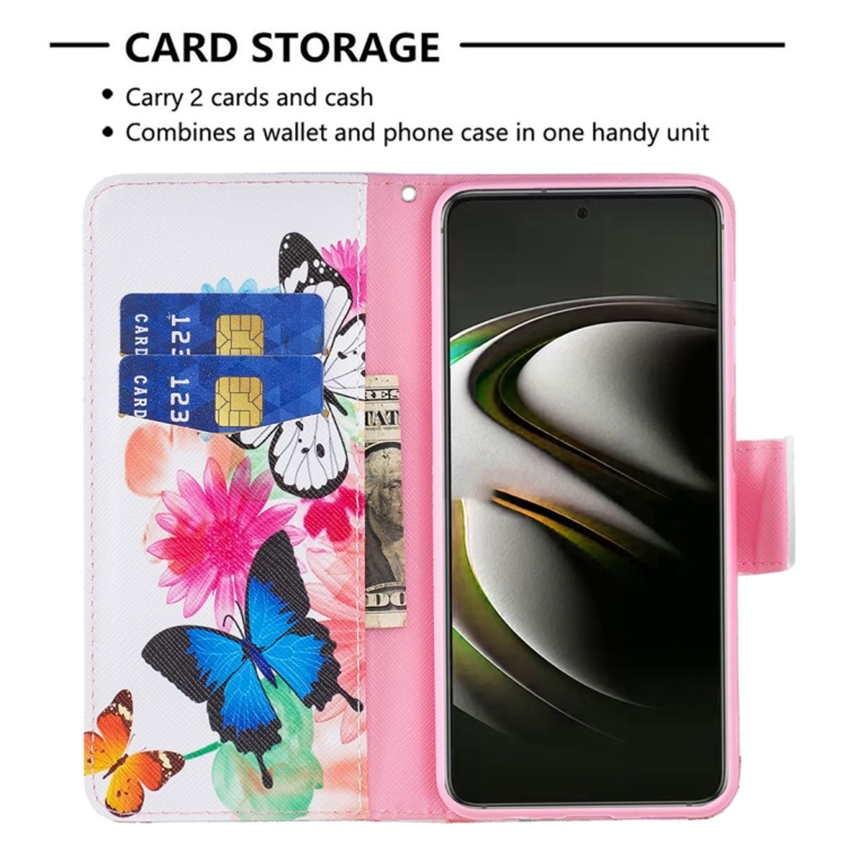 Offene rosa Brieftaschenhülle mit Karten, Bargeld, Schmetterlingen und einem Telefon.
