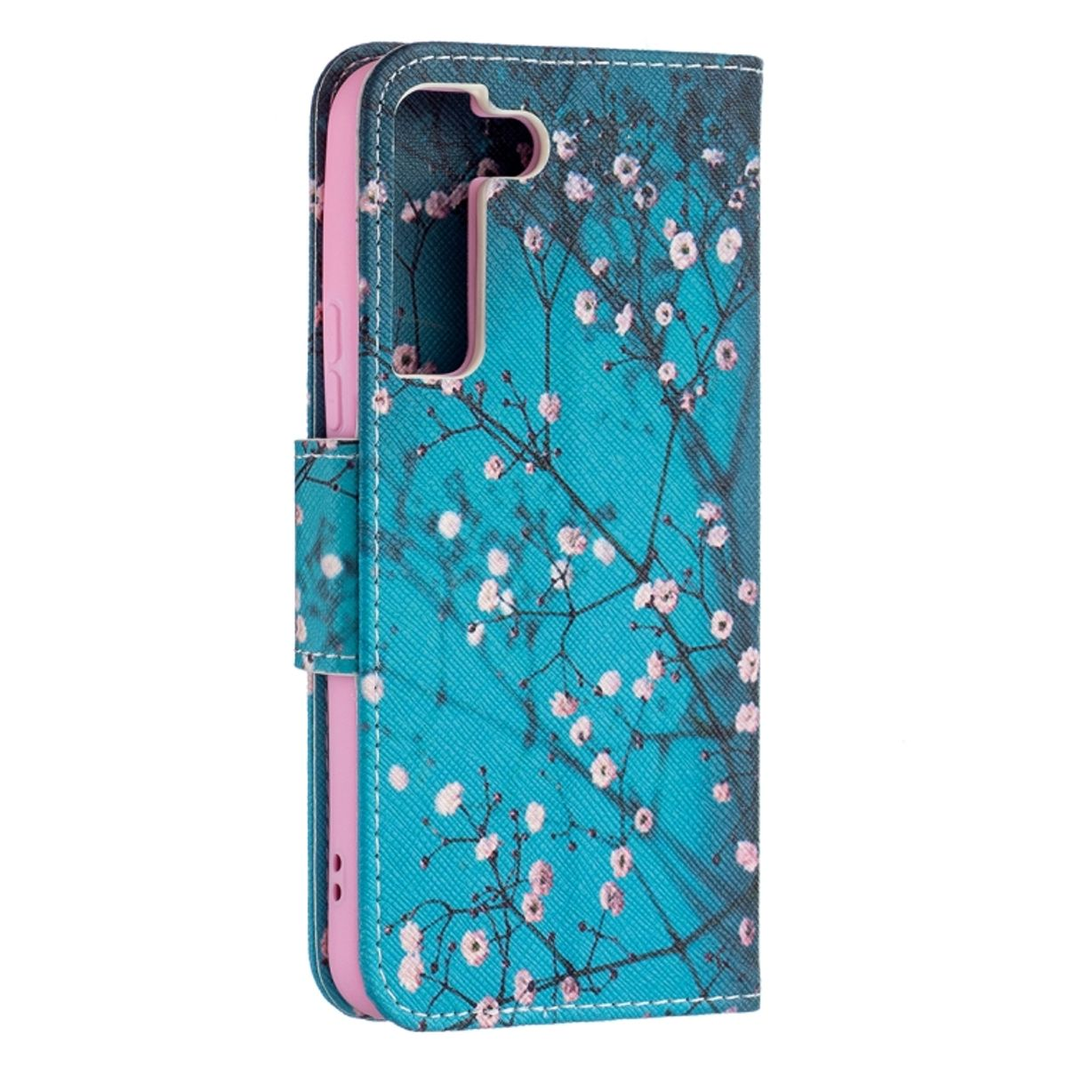 Türkisfarbene Handyhülle mit Blumen. Telefon innen. Rosa Innenraum.
