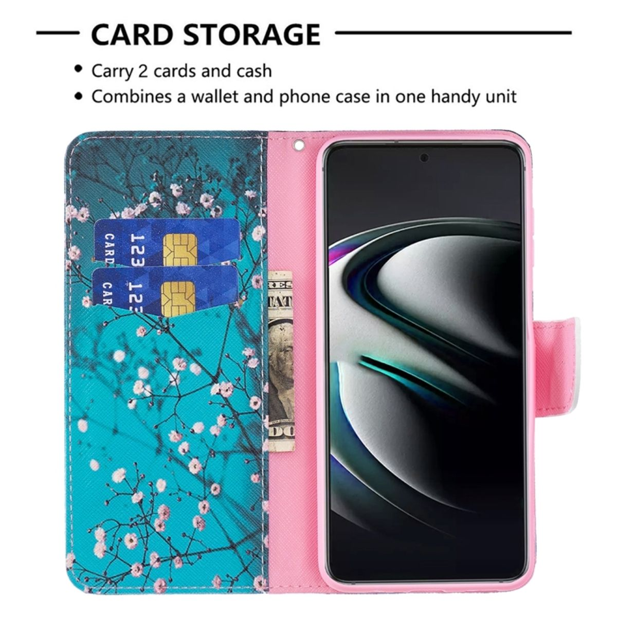 Rosa Handyhülle mit teal floralem Design, bietet Platz für Karten, Bargeld und ein schwarzes Telefon.