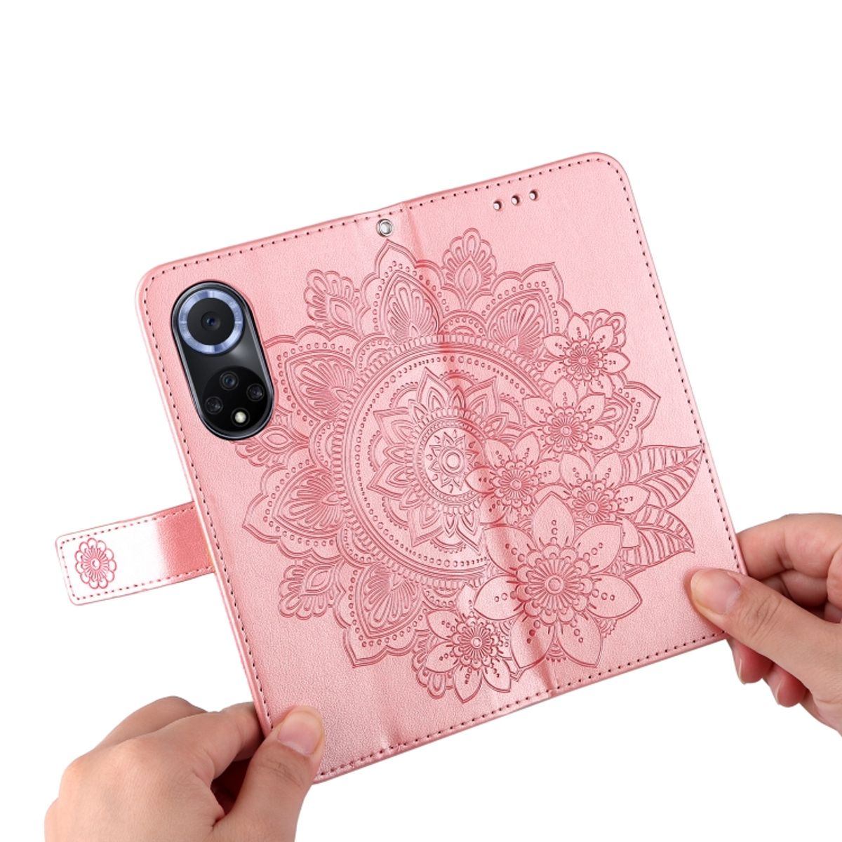 Rosa Handyhülle mit floralem Design, Telefon und Hände halten es.