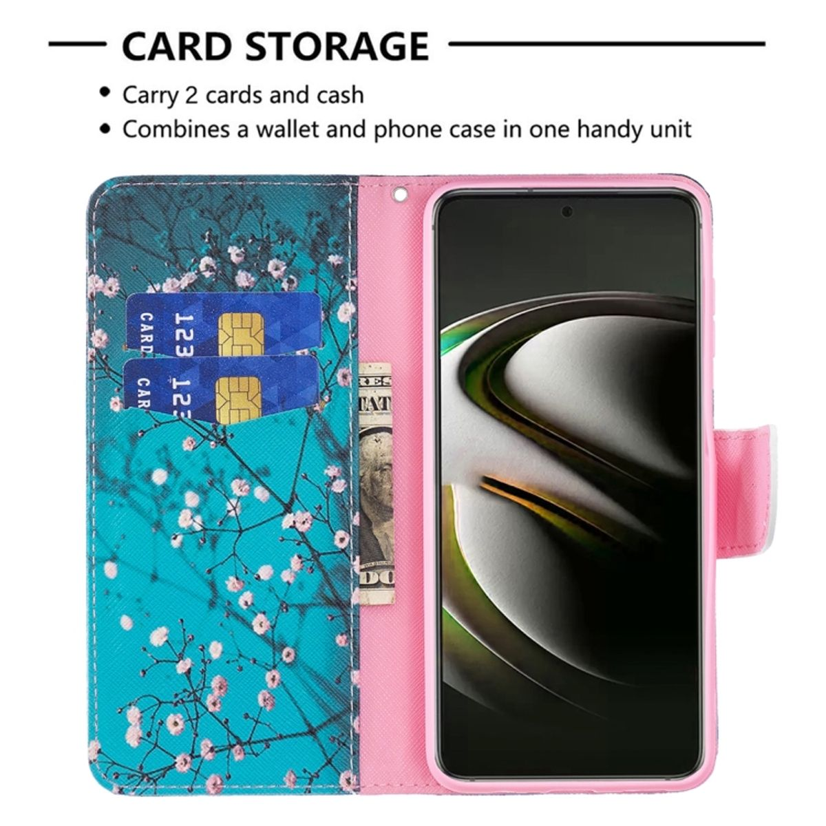 Rosa Handyhülle. Geöffnet, zeigt Telefon, Kartenfächer, Geld. Türkisfarbenes Blumendesign. Rosa Hintergrund.