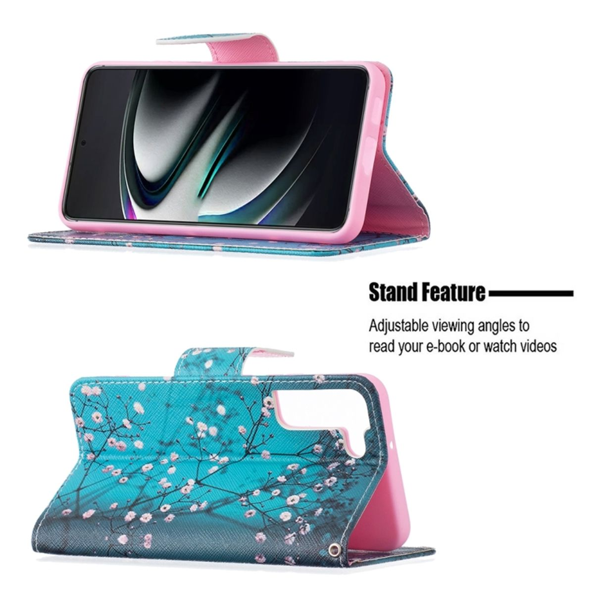 Handyhülle mit Ständerfunktion. Die Hülle ist rosa mit blauem Blumendesign. Das Telefon ist darin.