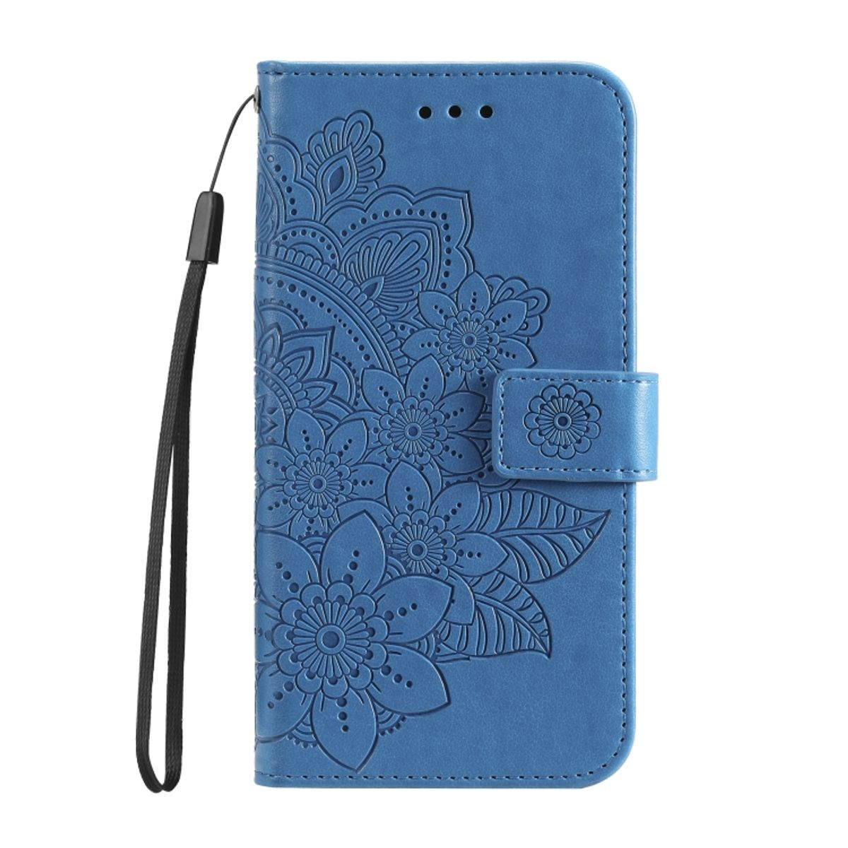 Blaue Handyhülle mit floralem Design. Seitenansicht, geschlossen. Knopfverschluss.