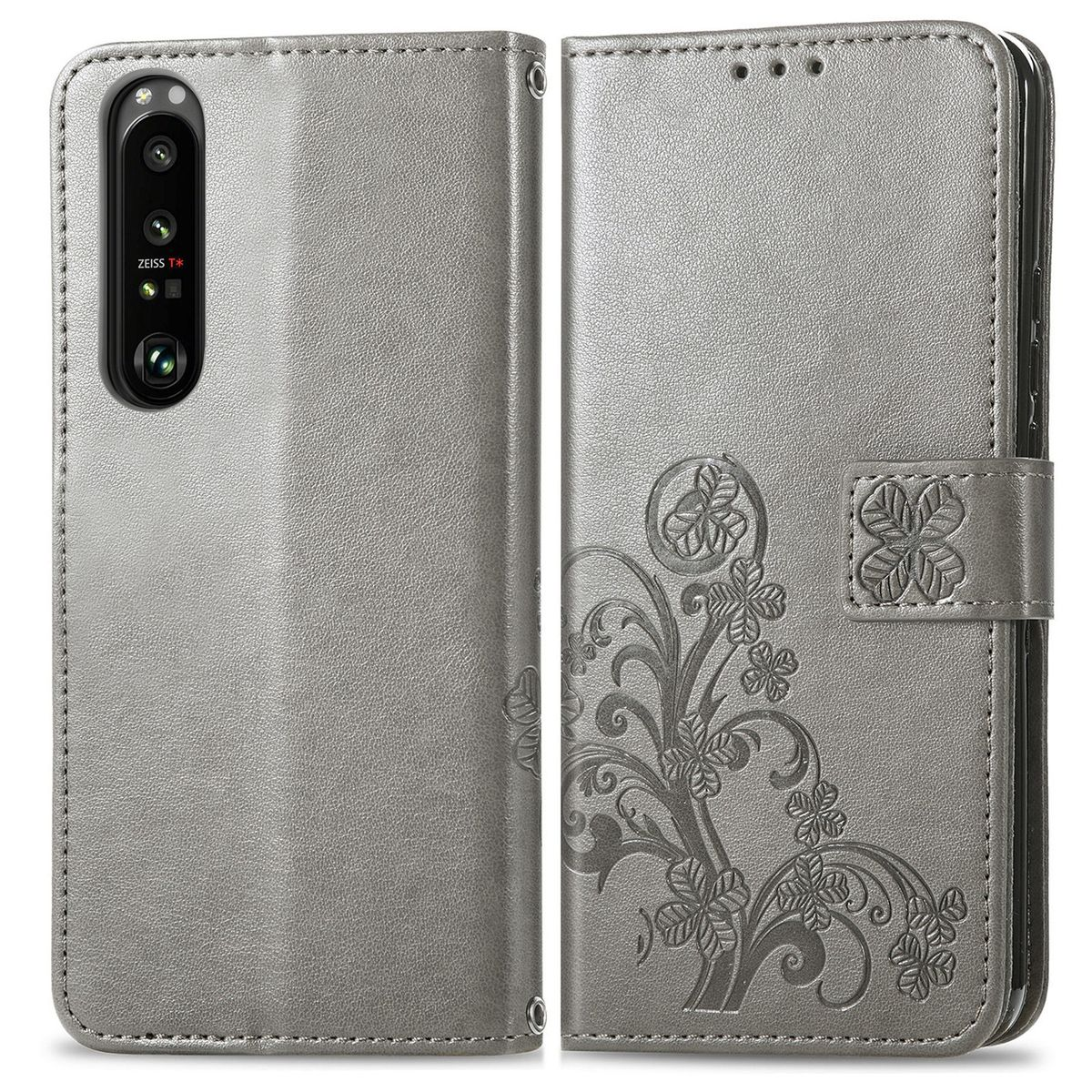 Graue Handyhülle mit floralem Design, offen. Weißer Hintergrund.