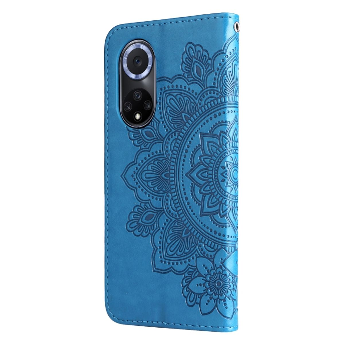 Blaue Handyhülle mit Mandala-Design, geprägt auf dem Cover.