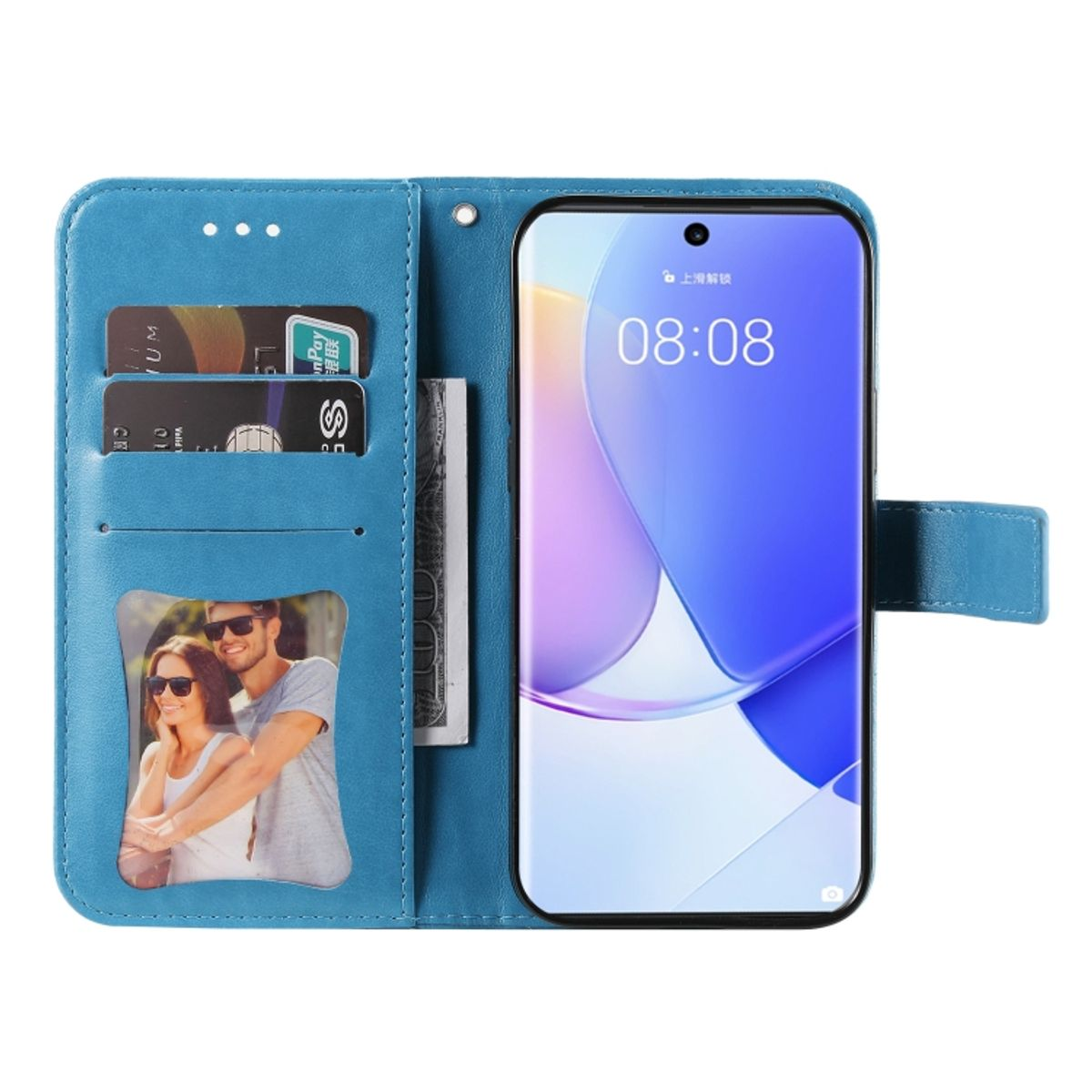 Blaue Handyhülle mit Telefon, Karten und Foto. Das Telefon zeigt Zeit und Personen.