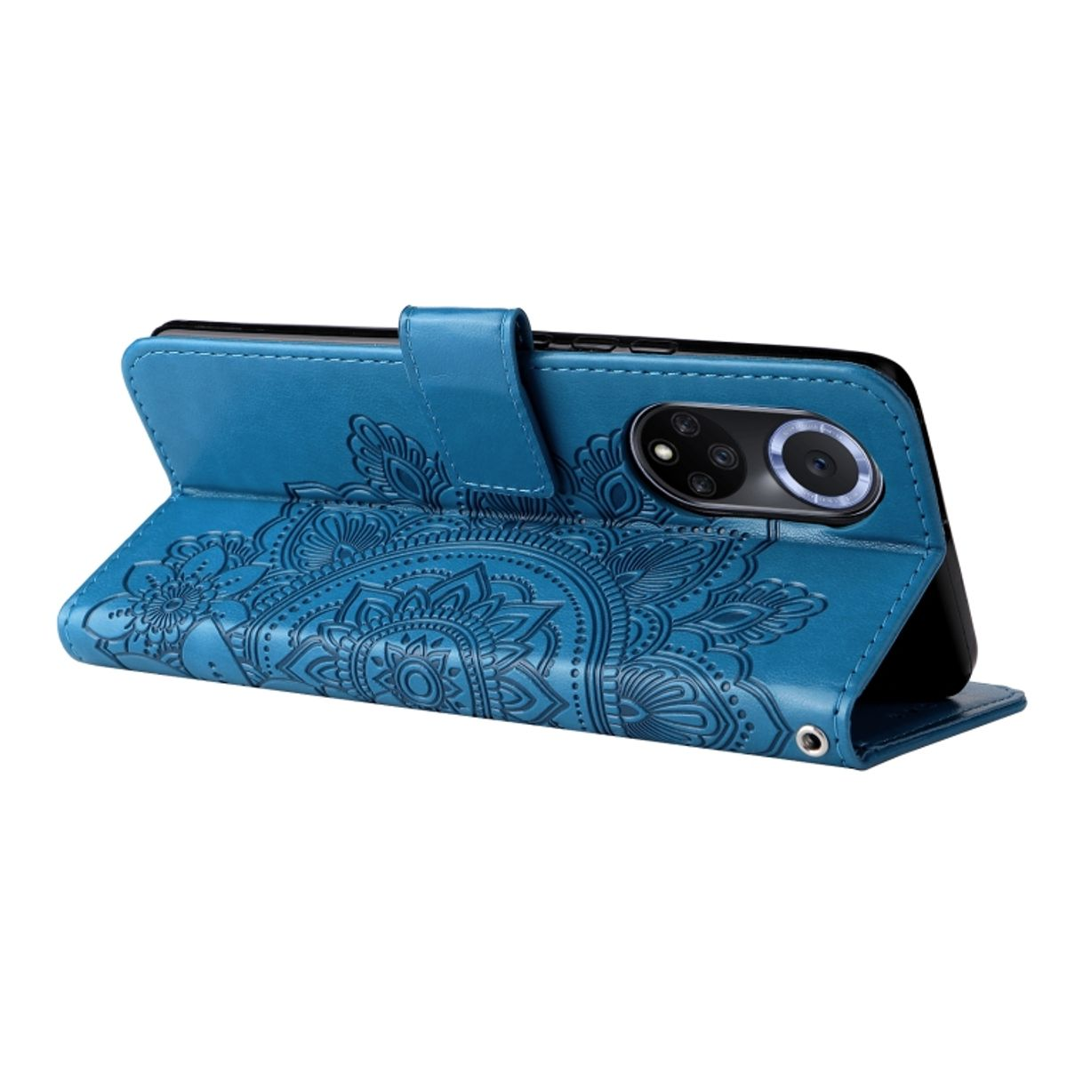 Blaue Handyhülle offen. Telefon innen mit Mandala-Design. Die Handyhülle ist offen.