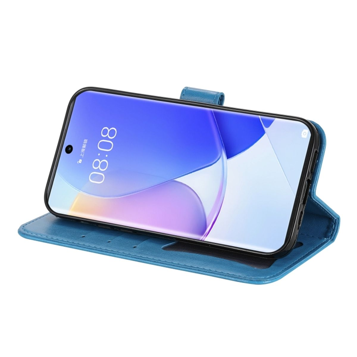 Blaues, offenes Handyhüllen-Portemonnaie, Telefon darin, Zeit wird angezeigt. Weißer Hintergrund.