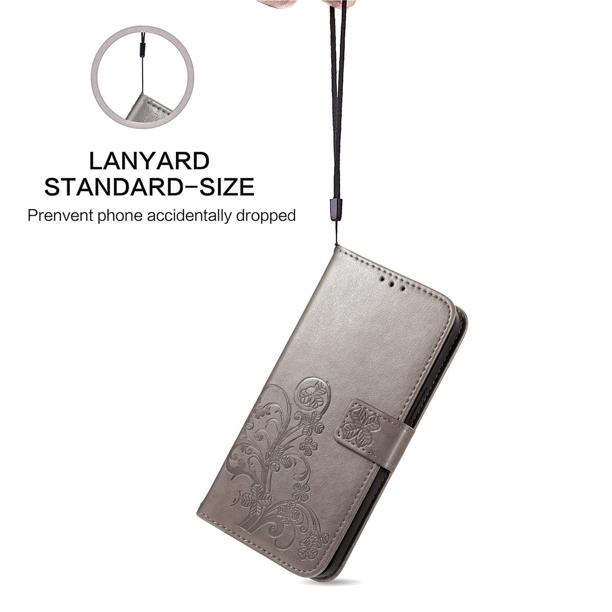 Silberne Handyhülle mit geprägtem Blumenmuster, hängt an einem Lanyard. Der Text, 'Lanyard Standard-Size'.