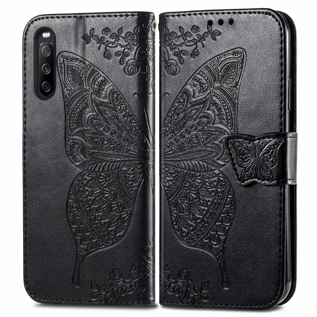 Schwarze Leder-Handyhülle mit Schmetterlingsdesign. Die Hülle ist offen und zeigt ein Telefon und das Design.