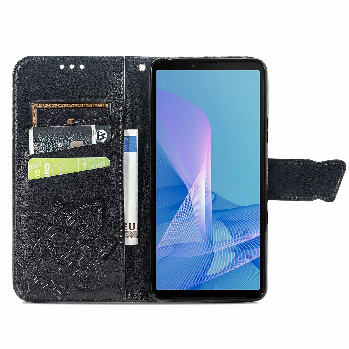 Schwarze Handyhülle mit geprägtem Blumendesign, bietet Platz für Karten und ein Handy mit Farbverlauf.