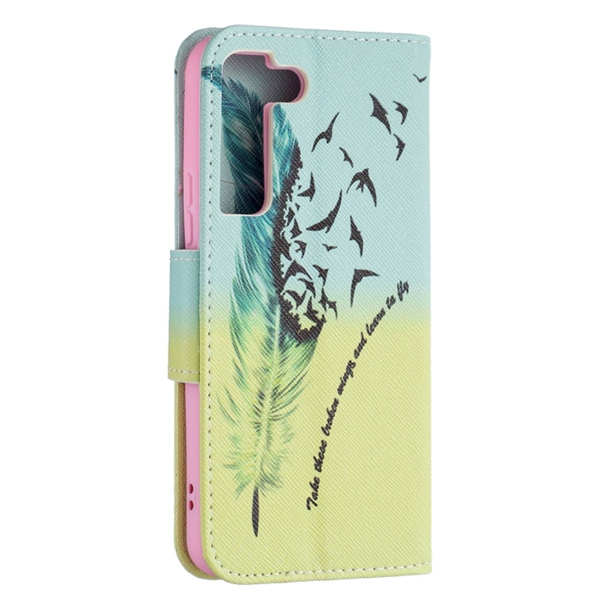 Blaue Handyhülle mit Feder- und Vogeldesign. Hülle ist offen, mit Telefon im Inneren. Text lautet Nimm diese zerbrochenen Flügel...
