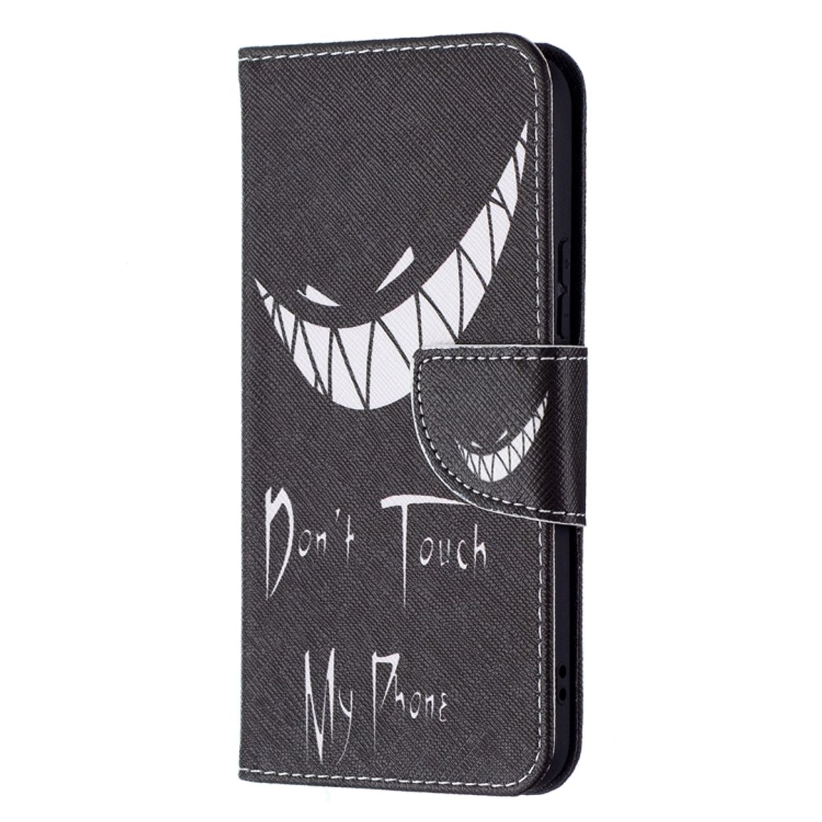 Schwarze Handyhülle mit weißem Smiley und Text: Fass mein Handy nicht an.