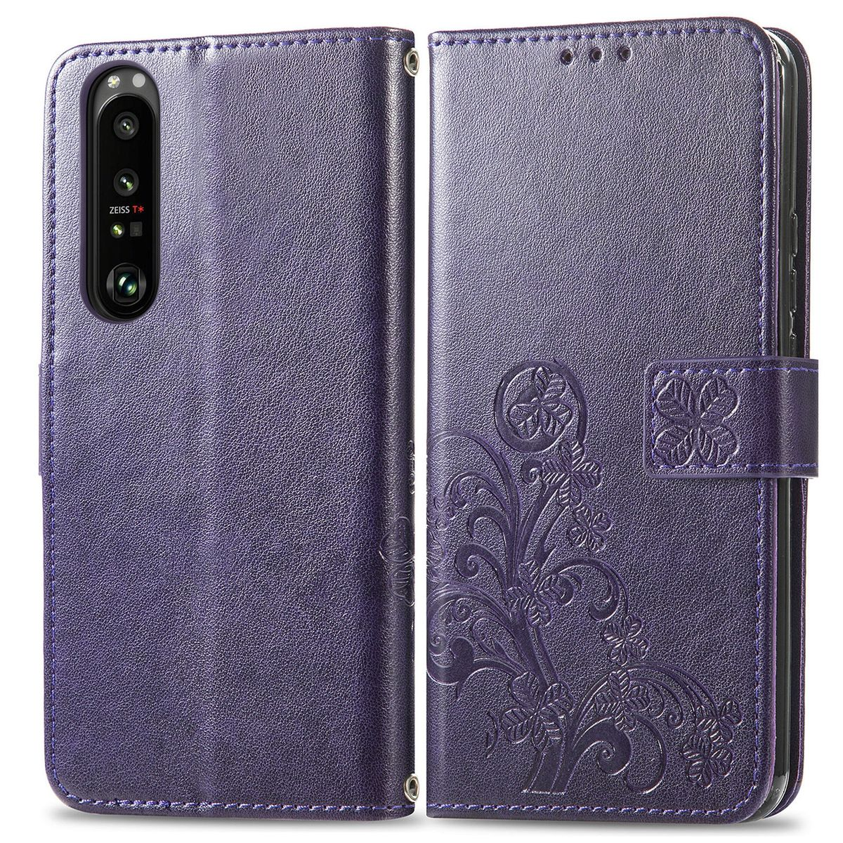 Geöffnete lila Handyhülle mit Telefon. Blumendesign auf der rechten Seite.