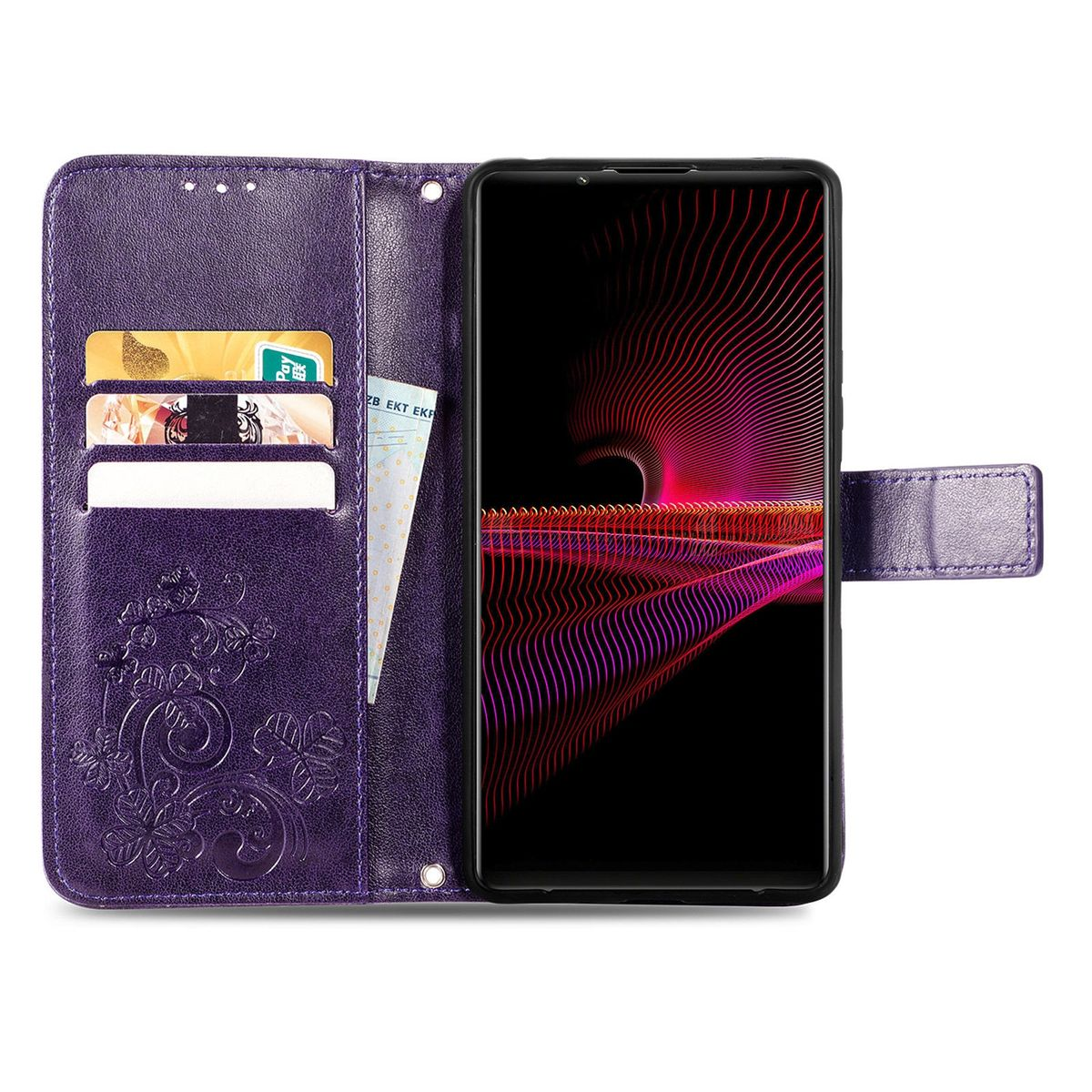 Lila Handyhülle offen, mit Telefon innen. Karten und Geld in den Schlitzen der Hülle.