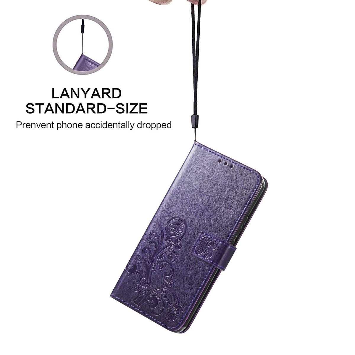 Lila Handyhülle mit floralem Design. Ein schwarzes Lanyard ist befestigt.