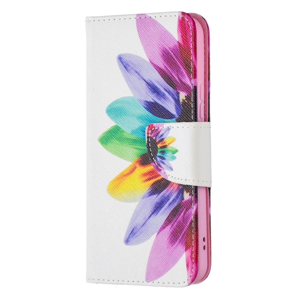 Weiße Handyhülle mit buntem Blumendesign. Die Hülle ist geschlossen.