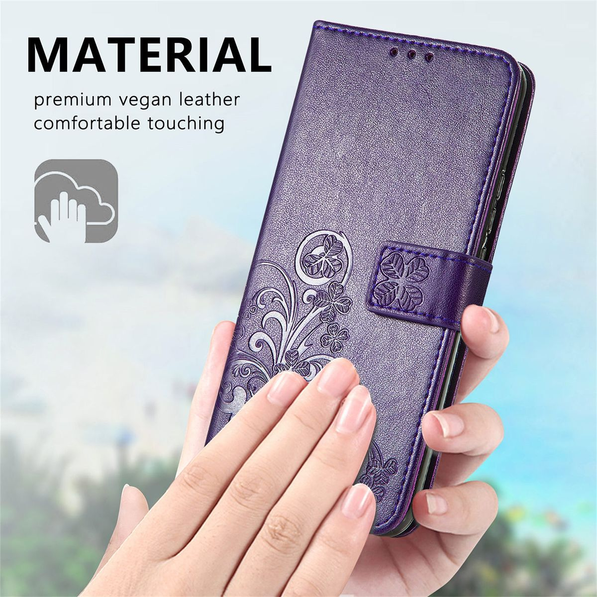 Lila Handyhülle mit floralem Design, Hand berührt sie, Text über Material.