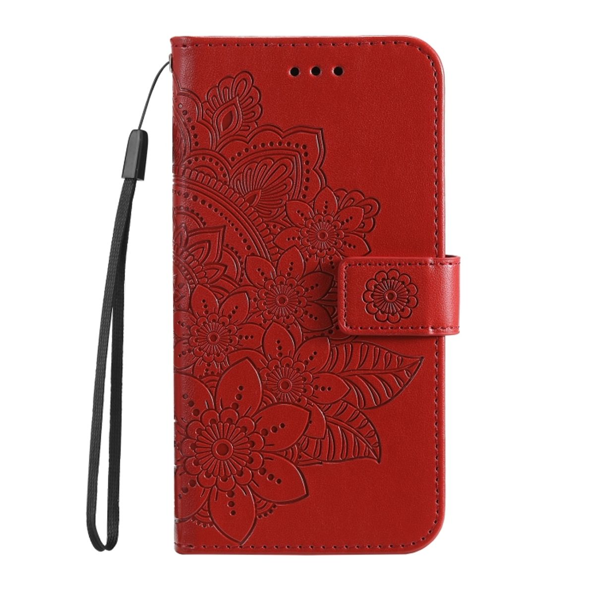 Rote Leder-Handyhülle mit Blumenmuster. Mit Magnetverschluss und Handschlaufe.