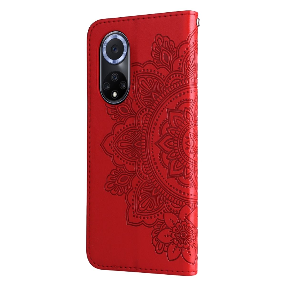 Rote Handyhülle offen, zeigt ein Telefon mit Kamera. Mit großem, detailliertem Blumendesign auf der linken Seite.