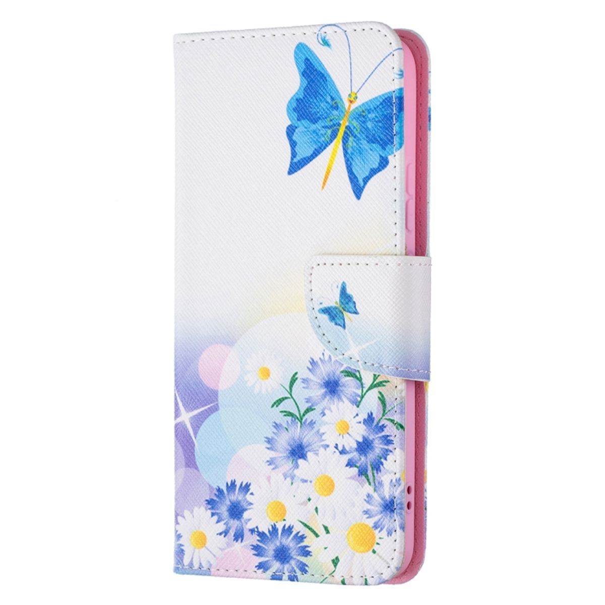 Weiße Handyhülle mit blauen Blumen und Schmetterlingsdesign. Offen und zeigt das Telefon innen, geschlossen mit einem Verschluss.