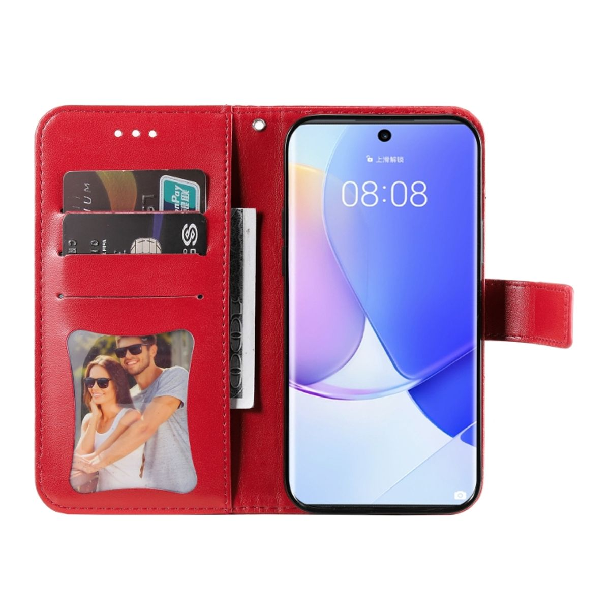 Rote Handyhülle offen, zeigt Karten, Bargeld, ein Foto und ein Telefon mit blauem Bildschirm.