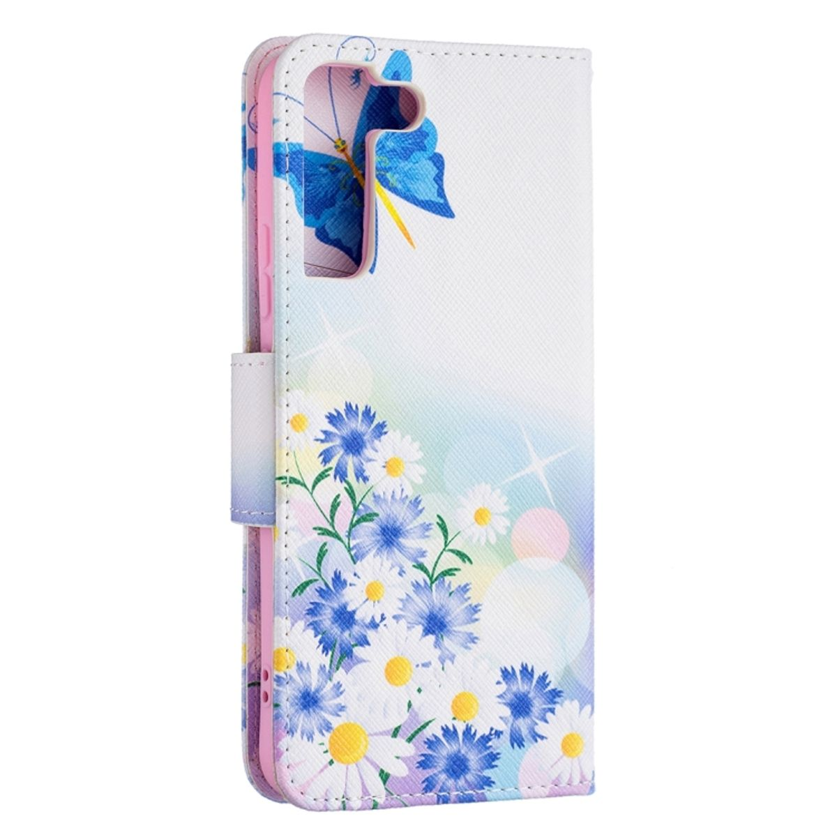 Weiße Handyhülle mit floralem Design aus blauen Blumen und Schmetterlingen. Die Innenseite ist rosa.