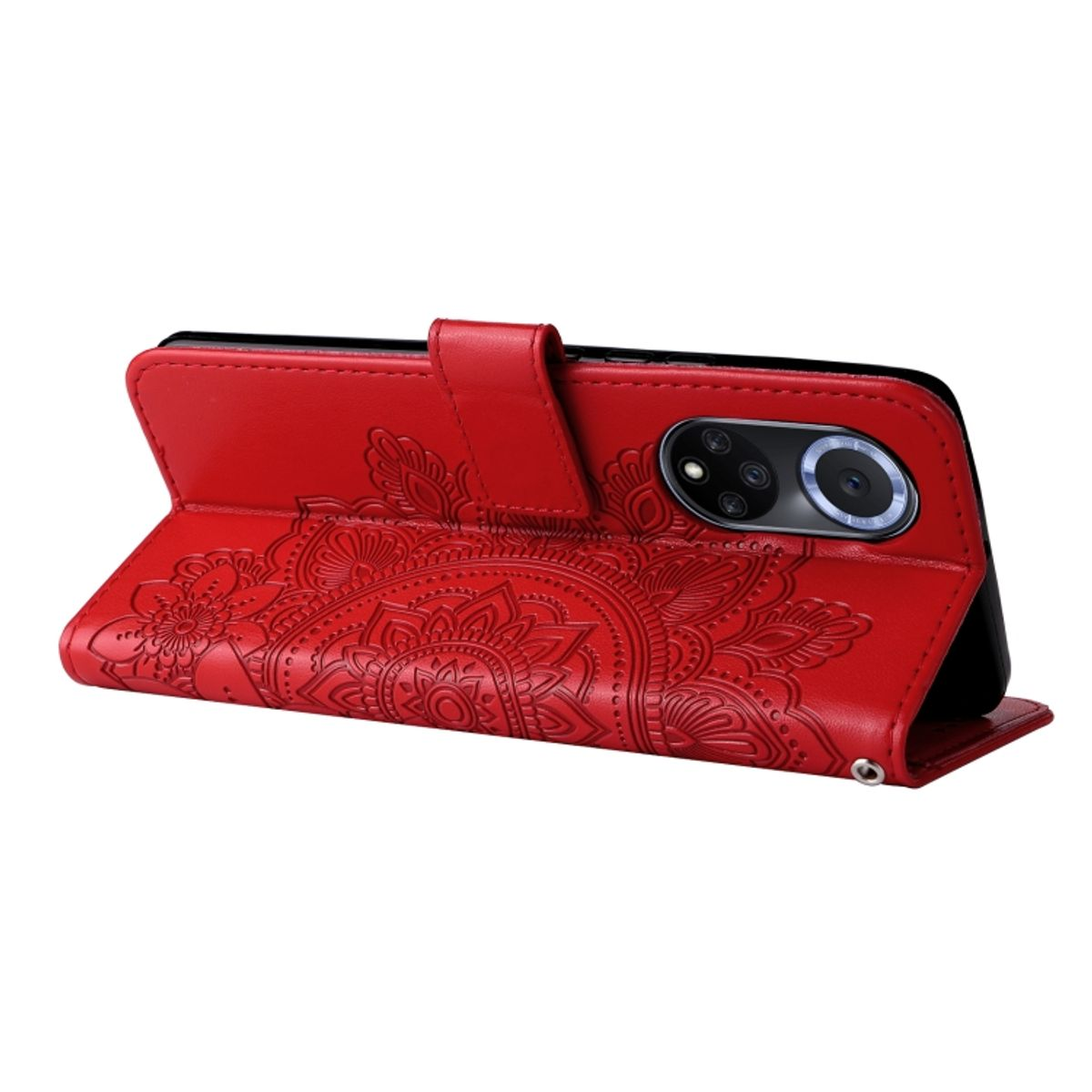 Rote Handyhülle mit geprägtem Blumendesign, geöffnet, um ein Telefon und Kartenfächer zu zeigen.