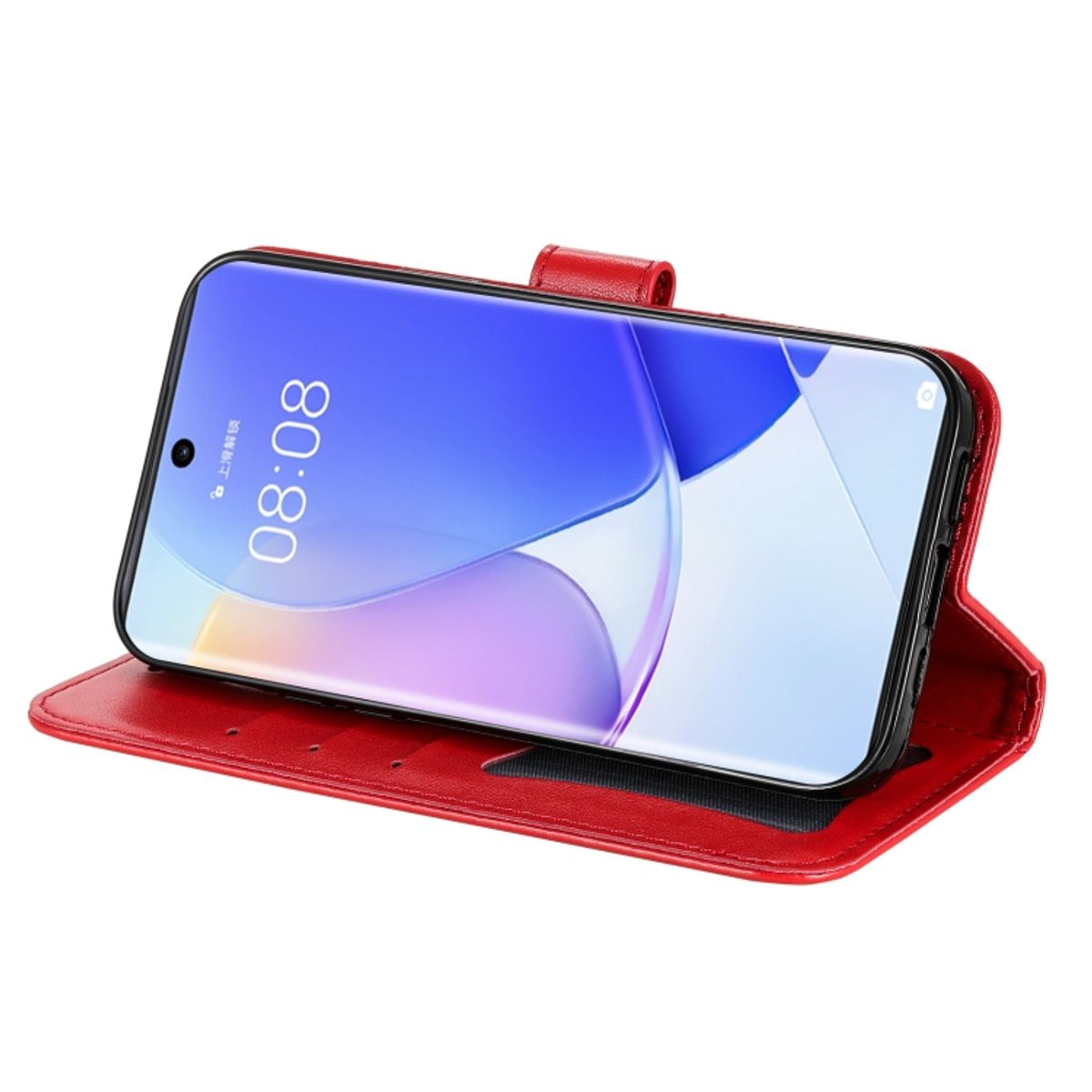 Rote Handyhülle mit Telefon. Telefon zeigt Uhrzeit und Datum. Die Hülle ist offen.